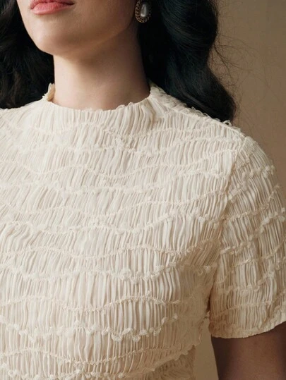  Anewsta New Elegant High Elasticity Summer Short Sleeve T-Shirt, Half-High Collar Textured Ruched Slim Fit Blouse For Women, Spring