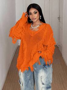 Maweii Plus Size Women's Y2k Solid Color V-Neck Tattered Long-Sleeved Sweater,Autumn,Solid Color, Orange,Red,  Design Sense, Loose And Casual, Christmas,Party,Halloween, Punk,  Women's Daily Commuting Top, Autumn , Spice Girl Knitted Sweater,Winter,Summer,Spring/Fall - Orange - View 4