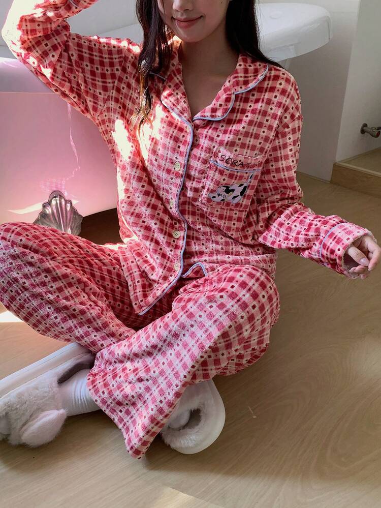 2pcs Women Cat & Plaid Print Loose Fit Pants And Long Sleeve Top Pajama Set, Autumn/Winter Fall Clothes