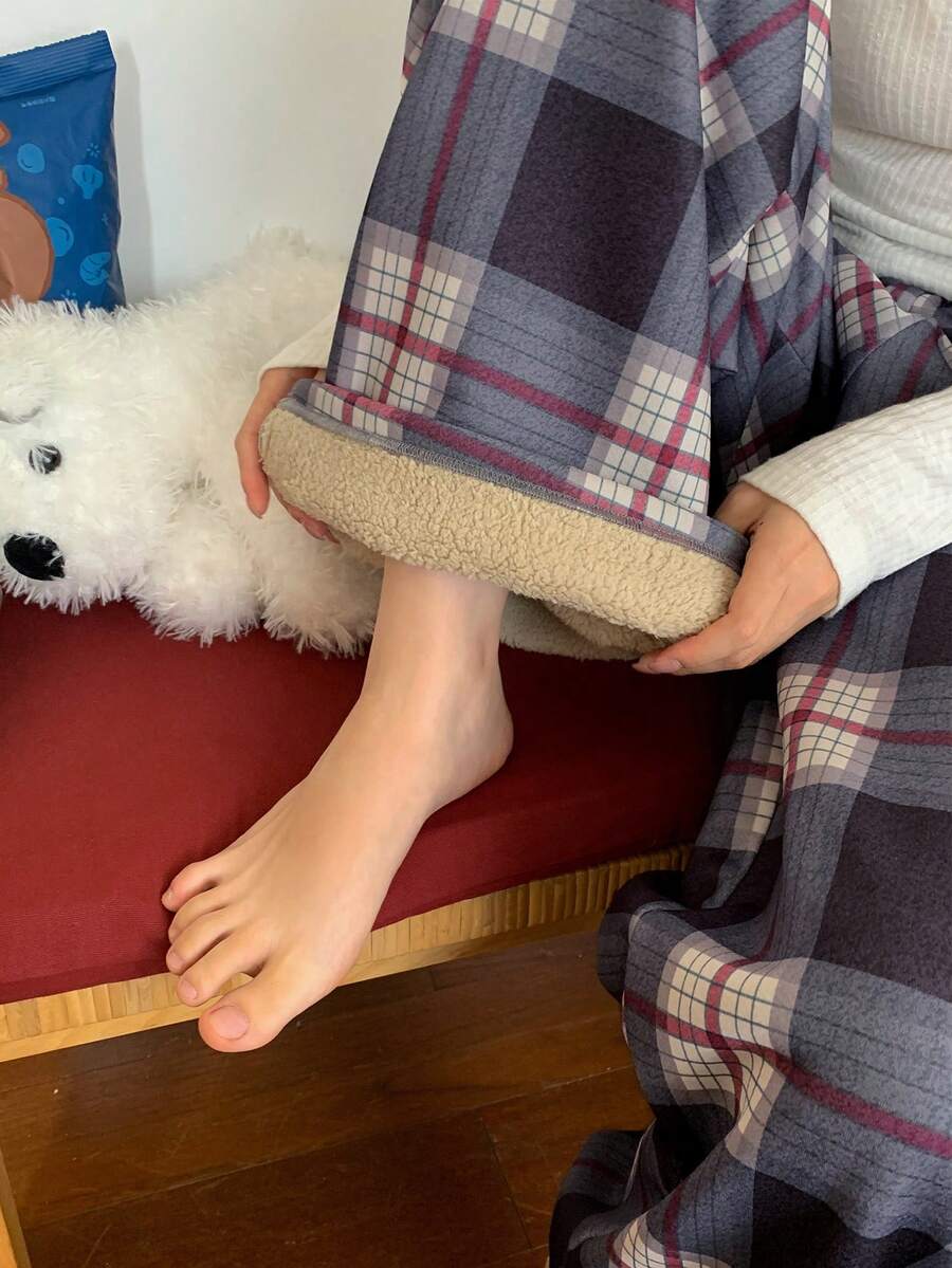 DAZY 女士格子保暖家居裤，冬季睡衣，蓬松舒适 - 深灰色 - 查看 1