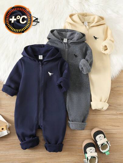 SHEIN 3pcs Baby Boy Baby Girl Gray Autumn/Winter Fleece Thickened Brushed Loose Knit Soft Hooded Long Sleeve Zip-Up Jumpsuit All-Match Versatile Suitable For Outings