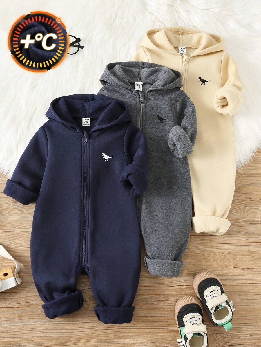 SHEIN 3pcs Baby Boy/Girl Grey Brushed Thick Knit Loose Hooded Long Sleeve Jumpsuit & Pants Set, Soft & Versatile For Indoor & Outdoor, Autumn/Winter Baby Boy Winter Jumpsuit Dinosaur Print Baby Jumpsuit - Multicolor - View 1