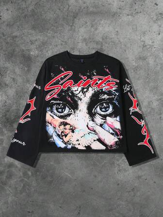 Street Life Herren schwarzes Oversized langes T-Shirt mit Augen-Flammen- und rundem Strass-Muster, Streetwear für den lässigen Alltag, Herbst