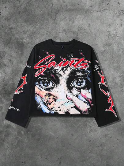 Street Life Herren schwarzes Oversized langes T-Shirt mit Augen-Flammen- und rundem Strass-Muster, Streetwear für den lässigen Alltag, Herbst