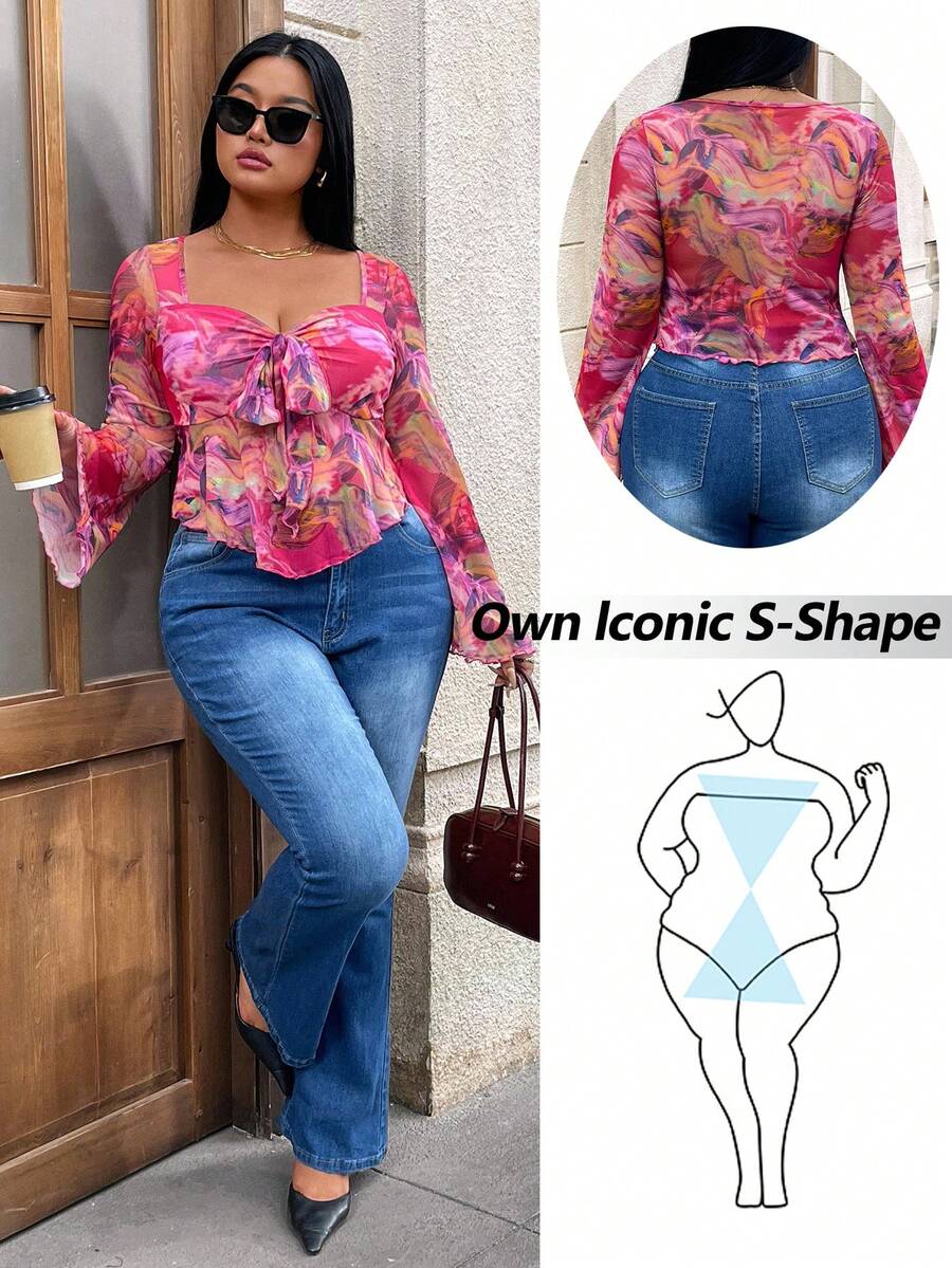 Hourglow Ceceforeign_ Plus Size Women's Fall Vacation/Back To School Clothes, Tie-Dye Floral Print Babydoll Blouse With Bow Tie Neck Long Sleeve Shirt, For Hourglass Body Shape