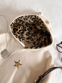 Tween Girls' Casual Street Leopard Faux Fur Hat, Five-Pointed Star & Leopard Print Pattern, Suitable For Street Style, Hooded Sweatshirt - Multicolor - View 4