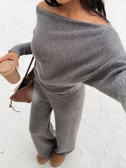 SHEIN EZwear 女式休闲露肩蝙蝠袖毛衣和针织裤两件套，秋冬