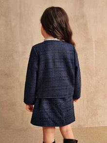 SHEIN 年轻女孩时尚优雅蓝色夹克搭配裙子，珍珠纽扣设计可爱装，秋冬 - 藏蓝色 - 查看 2