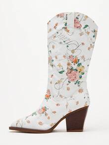 Solezae Giày bốt cao cổ nữ kiểu miền Tây, mũi nhọn, gót chunky, họa tiết hoa, dành cho nữ. - Nhiều màu - Xem 6