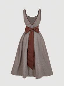 SHEIN MOD Vestido midi de talla grande con diseño de lazo y cuello en V, estampado de cuadros marrones vintage, estilo "Old Money", estética preppy, inspirado en los 70, dulce y lindo, perfecto para la escuela, ir al trabajo, fiestas y citas - Marrón - Ver 8