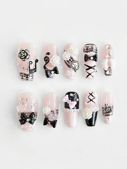 Kawaii 10pcs Cute Wing, Music Note, Star Lace Edged Polka Dot Handpainted High-Quality False Nails + 3pcs Double-Sided Adhesive, Removable & Reusable Coffin Shaped Fake Nails, Bowknot Element Nail Stickers, Suitable For Holidays, Parties, Dancing And Daily Wear