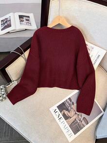 SHEIN Áo len cổ tròn tay dài họa tiết tối giản, rộng rãi, thoải mái dành cho bé gái tuổi teen, màu đỏ tía - Màu Đỏ Sâu - Xem 2