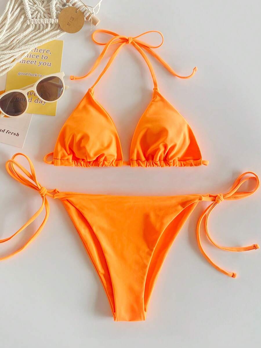 Swim Basics Summer Beach Halter Triangle Tie Side Bikini Set, Bathing Suit - Orange - View 1