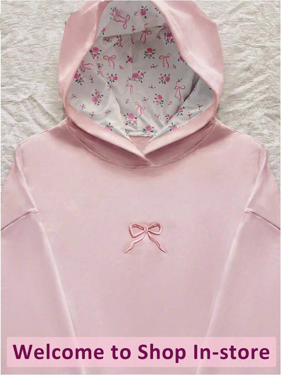 女孩休闲可爱粉色蝴蝶结刺绣连帽运动衫 - 粉色 - 查看 1