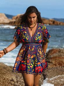 Swim Lushoire 大码女式两件套印花时尚度假休闲端庄高腰三角荷叶边下摆比基尼泳装 - 彩色 - 查看 1