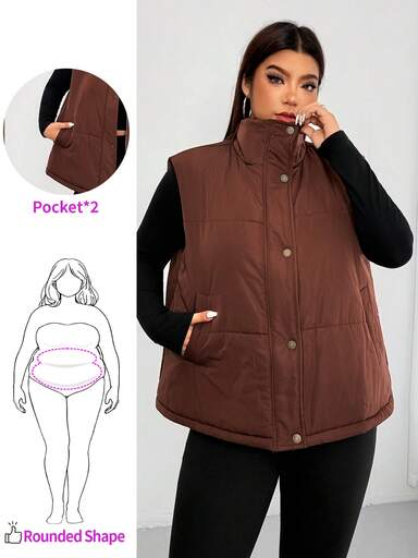 Enliva Oczywiście_ebony Plus Size Damska Luźna Kamizelka, Ciepła Jesienno-Zimowa Kamizelka z Kieszeniami, Pikowana Kamizelka, Dla Zaokrąglonej Sylwetki Jabłka