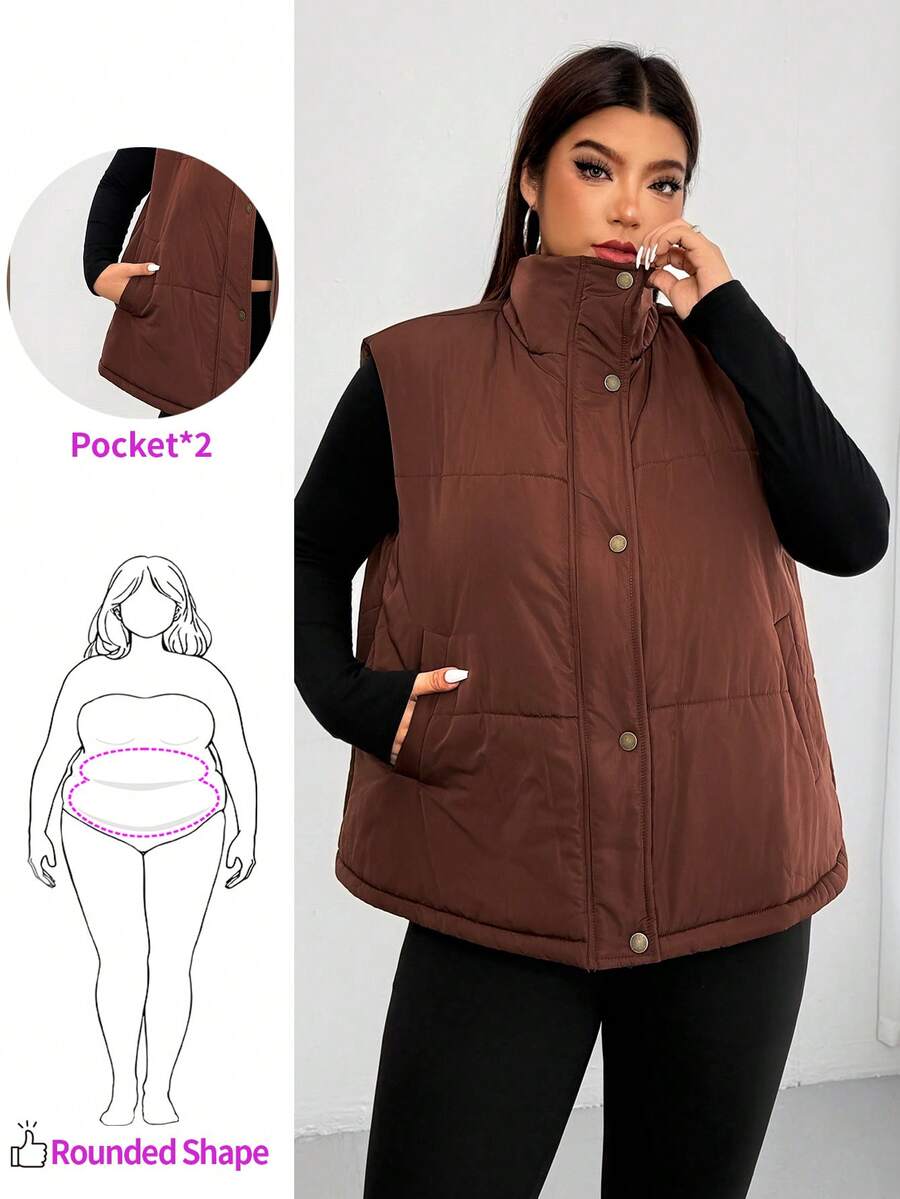 Enliva Obviously_ebony Plus Size Women Loose Fit Vest Jacket, Warm Autumn/Winter Vest Jacket With Pockets, Padded Vest, For Apple Rounded Body Shape - Rust Brown - View 1