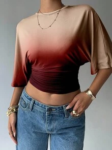 Aloruh T-shirt décontracté court plissé à manches courtes chauve-souris, col rond dégradé pour femmes - Multicolore - Voir 4