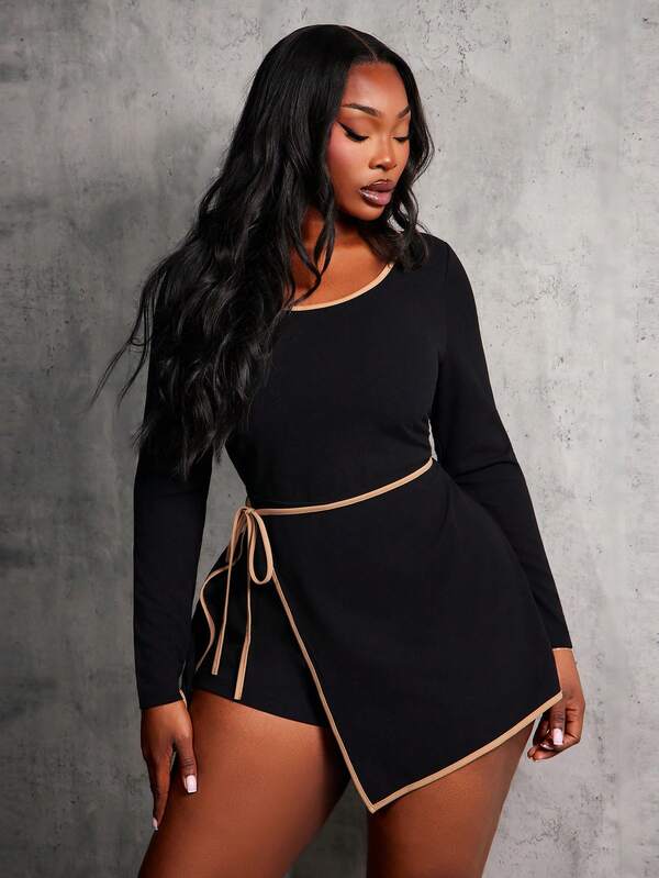 SHEIN SXY Mono corto de manga larga con cuello redondo, sexy y casual, para mujer de talla grande, con ribete de contraste. Mono elástico y ajustado, adecuado para uso casual, de oficina y diario en otoño/invierno