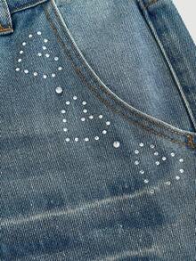 SHEIN MOD Selenza 女款十二星座牛仔裤，处女座星座设计，注重细节，时尚优雅喇叭裤，适合通勤，银色刺绣，水钻点缀 - 藍色 - 查看 3