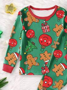 1 Set Young Boys' Christmas Gingerbread Print Snug Fit Long Sleeve Top And Pants Pajama Set, Suitable For Daily Wear Gingerbread Pajamas Christmas Pajamas Kids Christmas Pajamas Christmas Pj Snug Fit Tight Fit Pajamas
