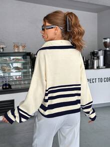 EURMUSE Women Stripe Pattern Front Button Collar Neck Cardigan - Navy Blue - View 2