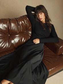 BizChic 黑色圆领不对称剪裁长袖缎面拼接飘逸下摆女式连衣裙，现代优雅都市通勤日常浪漫90年代复古风，适合圣诞节、新年、情人节派对、海滩、毕业典礼、时尚嘉年华、假日、婚礼宾客、外出、约会、派对、音乐会、舞台表演、早午餐、机场等场合。 - 棕色 - 查看 8