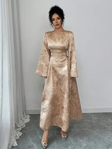 Yasmyna 女士秋冬黄色提花连衣裙，侧系腰带，适合外出 - 黃色 - 查看 5