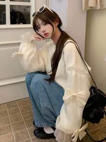 DAZY Women's Casual Solid Color Patchwork Bow Design Pullover Knit Sweater, Suitable For Autumn & Winter