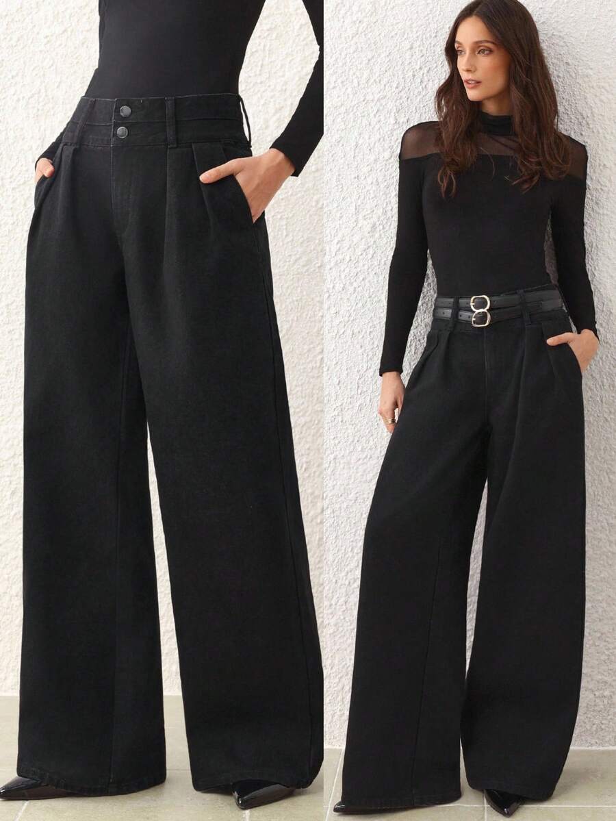 SHEIN Frenchy 女式高腰褶皱阔腿宽松休闲百搭牛仔裤 - 黑色 - 查看 1