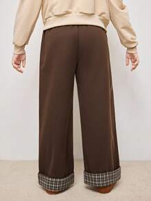 Tween Girls' Elastic Waist Patchwork Plaid Hem Wide Leg Casual Pants - Coffee Brown - View 2