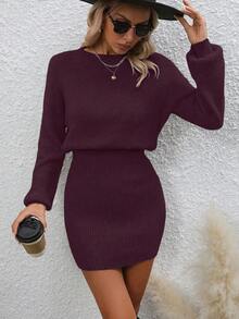 EMERY ROSE Lässiges einfarbiges Strickkleid, vielseitig für Herbst/Winter - Violett - Übersicht 5