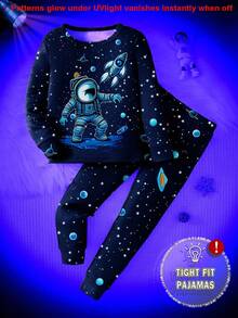1 conjunto de pijama de manga comprida e calça com estampa de estrela que brilha no escuro e astronauta para menino, outono