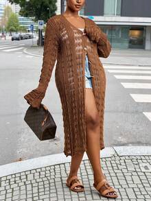 Slaydiva 2025 Nueva llegada, cárdigan de punto con mangas acampanadas, escote en V sexy y elegante, cómodo y calado para principios de otoño - Óxido marrón - Ver 5
