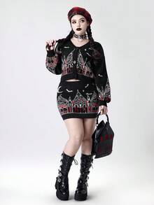 ROMWE Goth 哥特式城堡和教堂星月提花女式短款开衫 - 黑色 - 查看 7
