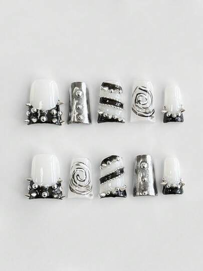 Anime 10 Stück Y2K Stil Schleife, Totenkopf Niete, Kreuz, Stern Dekor hochwertige handgefertigte Kunstnägel + 3 Stück doppelseitiger Kleber, abnehmbare Strass Kontrastfarbe Nagel Aufkleber, geeignet für Feiertage, Partys, Tanzen und den täglichen Gebrauch