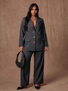 Rustia 大码女式翻领西装外套 + 直筒裤套装，优雅复古休闲办公室两件套，秋冬 - 灰色 - 查看 7