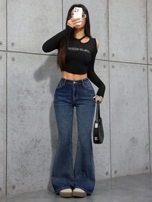 SHEIN 千禧年少女低腰弹力修身喇叭牛仔裤，蓝色，适合秋季、冬季休闲时尚度假、街头风、2000年代风格、万圣节、圣诞节等场合，宽松牛仔裤 - 深色水洗藍 - 查看 6