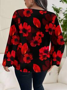 Reflora 大码女式印花V领灯笼袖优雅衬衫 情人节 - 彩色 - 查看 2