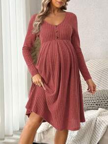 SHEIN Vestido de manga larga con cuello de canalé, botones delanteros y unicolor, para embarazadas, primavera/otoño - Naranja - Ver 4
