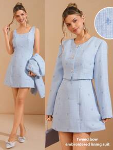 Amorya Women's Elegant Bow Decor Short Jacket And Sleeveless Dress Set, Suitable For Daily Wear And Multiple Occasions, Autumn