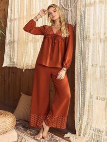 Lullawish مجموعة بيجامات نسائية كاجوال فضفاضة من الدانتيل والرقعة، مناسبة للخريف وعيد الميلاد - بني - مشاهدة 4