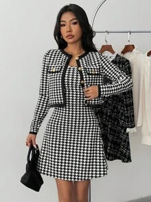 2pcs/Set Teen Girl Casual & Commute Fashion Elegant Black & White Houndstooth Slip Dress And Color Block Metal Button Decor Jacket, Stylish Outfit For Daily Wear, Autumn/Winter, Preppy Dress, Long Sleeve Dresses, Checked Dress, Houndstooth Dress, Plaid Dress