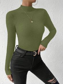 SHEIN Jersey de cuello alto de unicolor informal, otoño/invierno - Verde - Ver 4