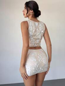 Firerie 女士新款优雅简约杏色亮片圆领无袖修身背心和低腰紧身迷你裙，适合女士生日服装、外出服装和俱乐部服装 - 杏色 - 查看 9