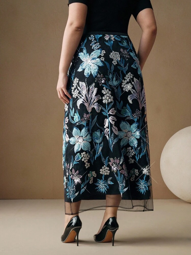 Saia Midi Elegante e da Moda para Mulheres Plus Size com Bordado de Lantejoulas, Adequada para Festivais, Primavera/Verão