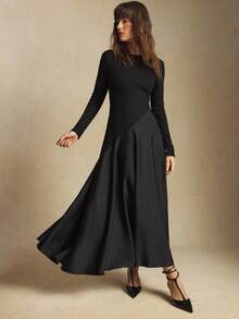 BizChic 黑色圆领不对称剪裁长袖缎面拼接飘逸下摆女式连衣裙，现代优雅都市通勤日常浪漫90年代复古风，适合圣诞节、新年、情人节派对、海滩、毕业典礼、时尚嘉年华、假日、婚礼宾客、外出、约会、派对、音乐会、舞台表演、早午餐、机场等场合。 - 棕色 - 查看 6