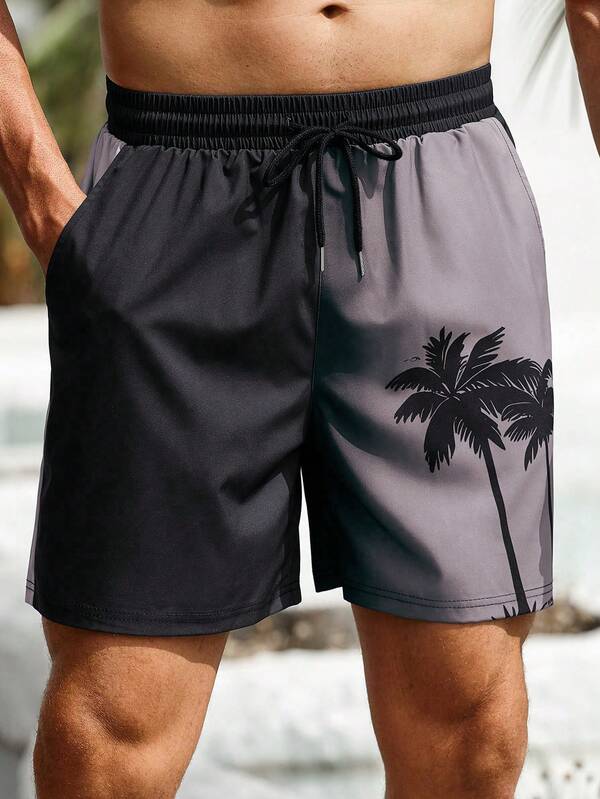 Manfinity Swimmode Calção de banho masculino, calção de banho casual para atividades ao ar livre com estampa de coqueiro e ombré 3D, estilo havaiano, com cordão na cintura, camada única sem forro, perfeito para uso casual, férias, roupa de praia, calção de banho masculino, estilo havaiano