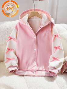 Sparklyn 女童休闲连帽羊毛夹克，袖子饰有粉色蝴蝶结，正面有蝴蝶刺绣，白色纽扣开合，适合秋冬季外出、通勤，搭配长袖毛衣和裤子 - 粉色 - 查看 6