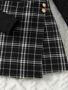 SHEIN 少女合身休闲简约舒适高领毛衣和格子迷你裙套装